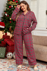 Rotes kariertes bedrucktes Hemd und Hose, Plus Size Lounge-Set